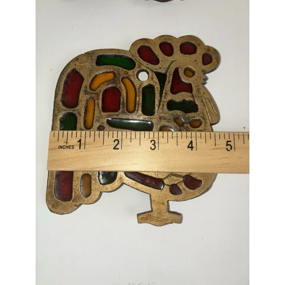 Rooster Trivet Cast Iron Stained Glass Gold‎ Tone Colorful Vintage (2)
